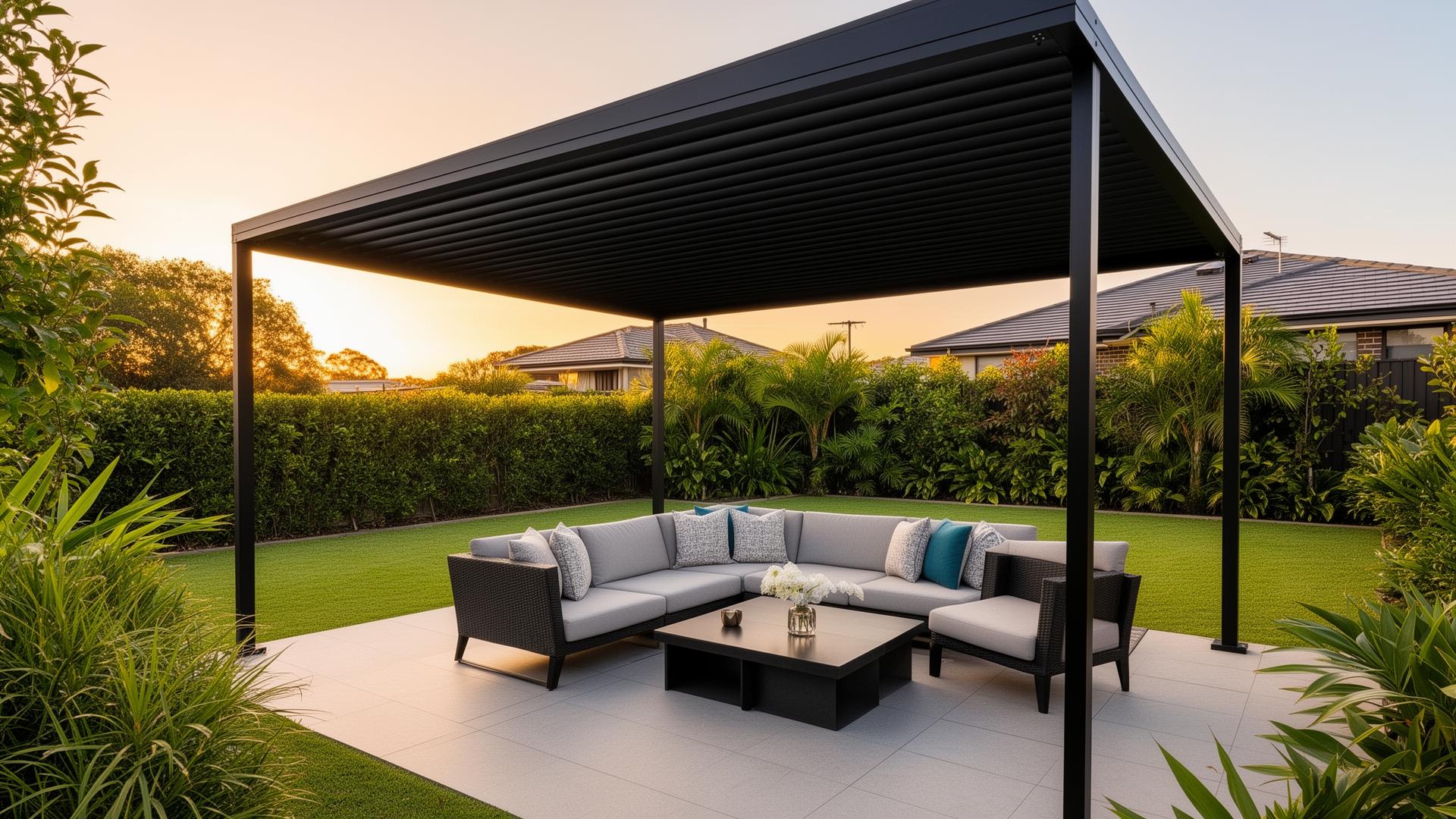 Modern matt black aluminium louvered pergola over an outdoor lounge in a Victorian backyard at golden hour